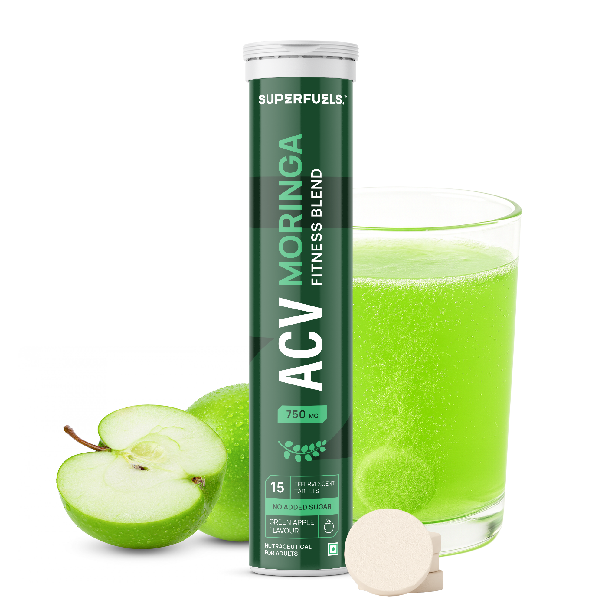 ACV Moringa Fitness Blend | Weight Management & Cravings Control Support | Apple Cider Vinegar, Moringa, Pomegranate & Cinnamon with Vitamin B6 & B12 | No Added Sugar | Green Apple Flavour | Pack of 1 (15 Tablets)