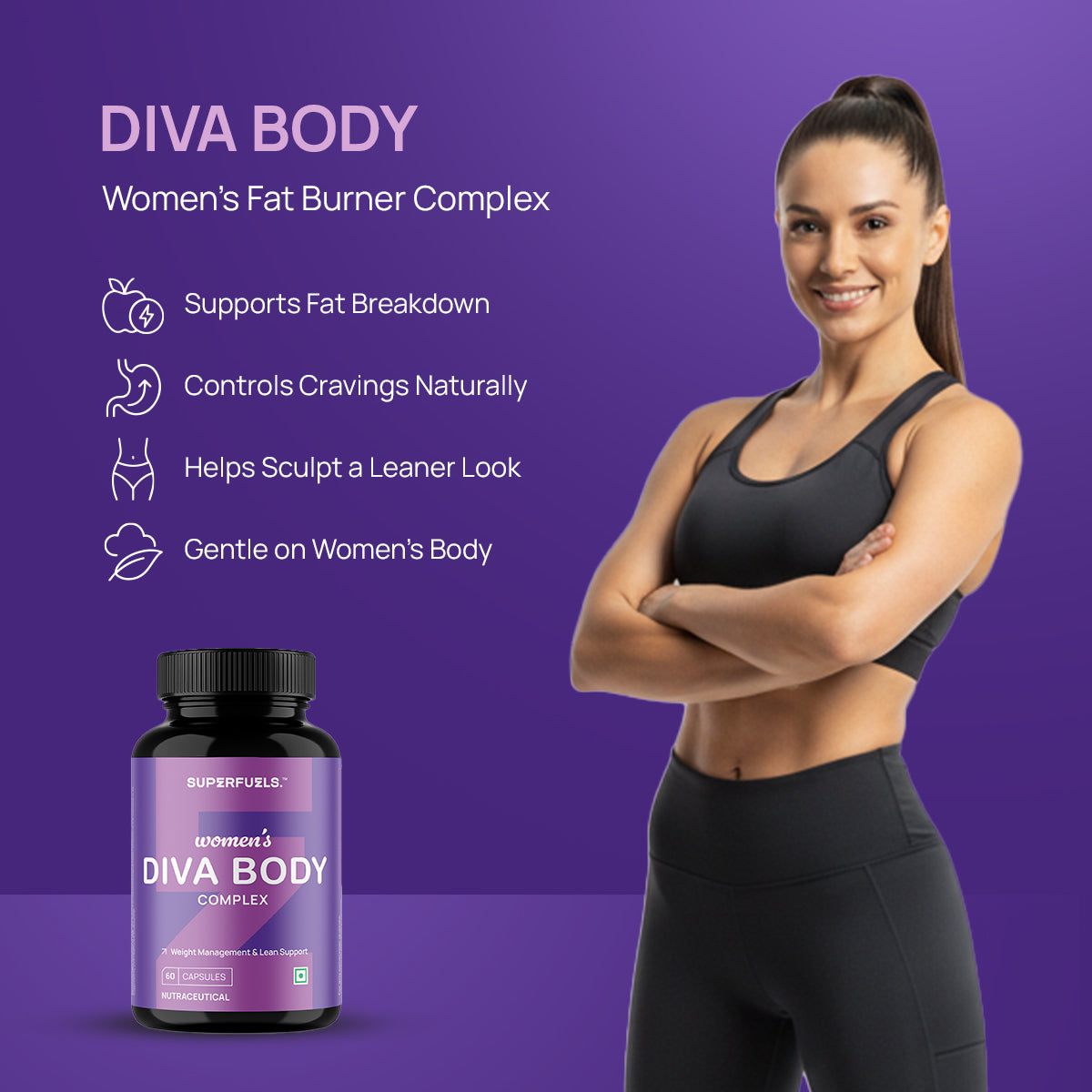 Women’s Diva Body | Weight Management & Cravings Control Support | Garcinia Cambogia, Green Coffee, ACV & CLA Blend | No Added Sugar | Pack of 1 (60 Capsules))