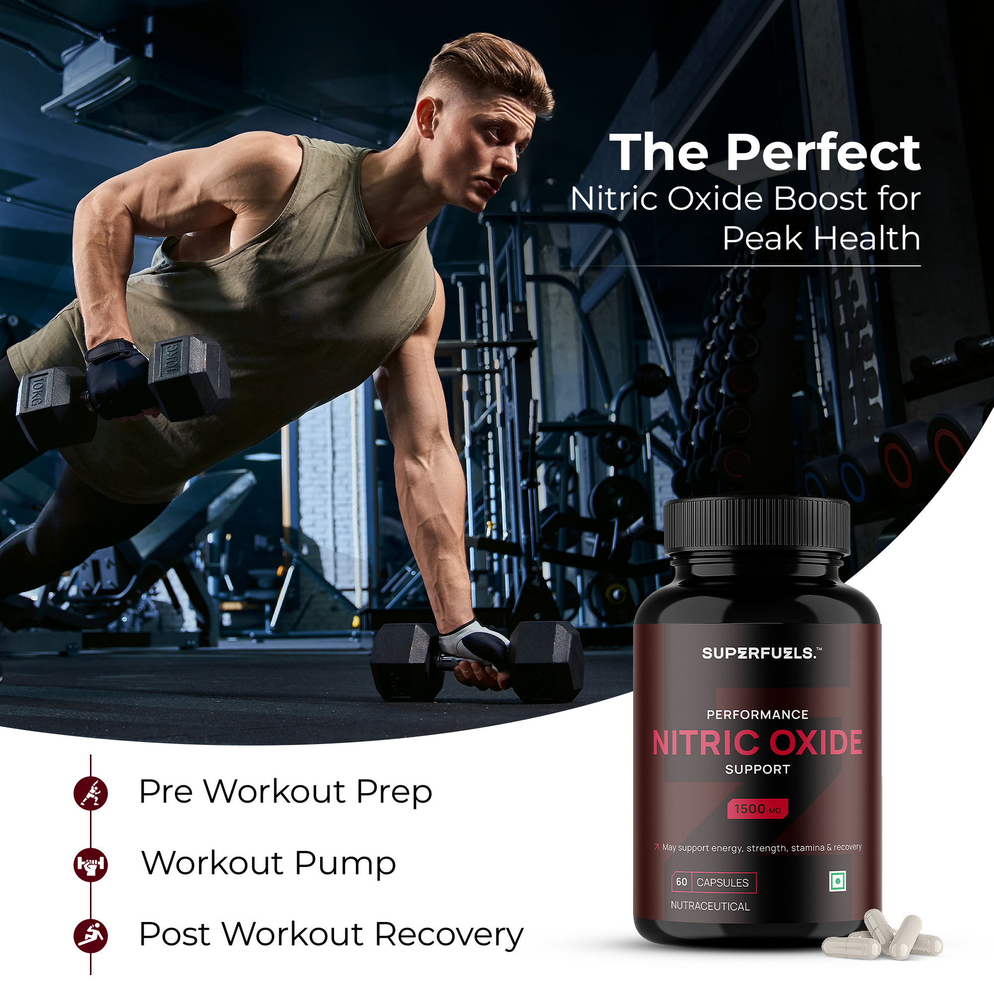 Nitric Oxide Support Capsules| Muscle Pump, Blood Flow & Workout Performance Support | L-Arginine & L-Citrulline Formula | Pre-Workout Endurance Booster | Pack of 1 - 60 Capsules