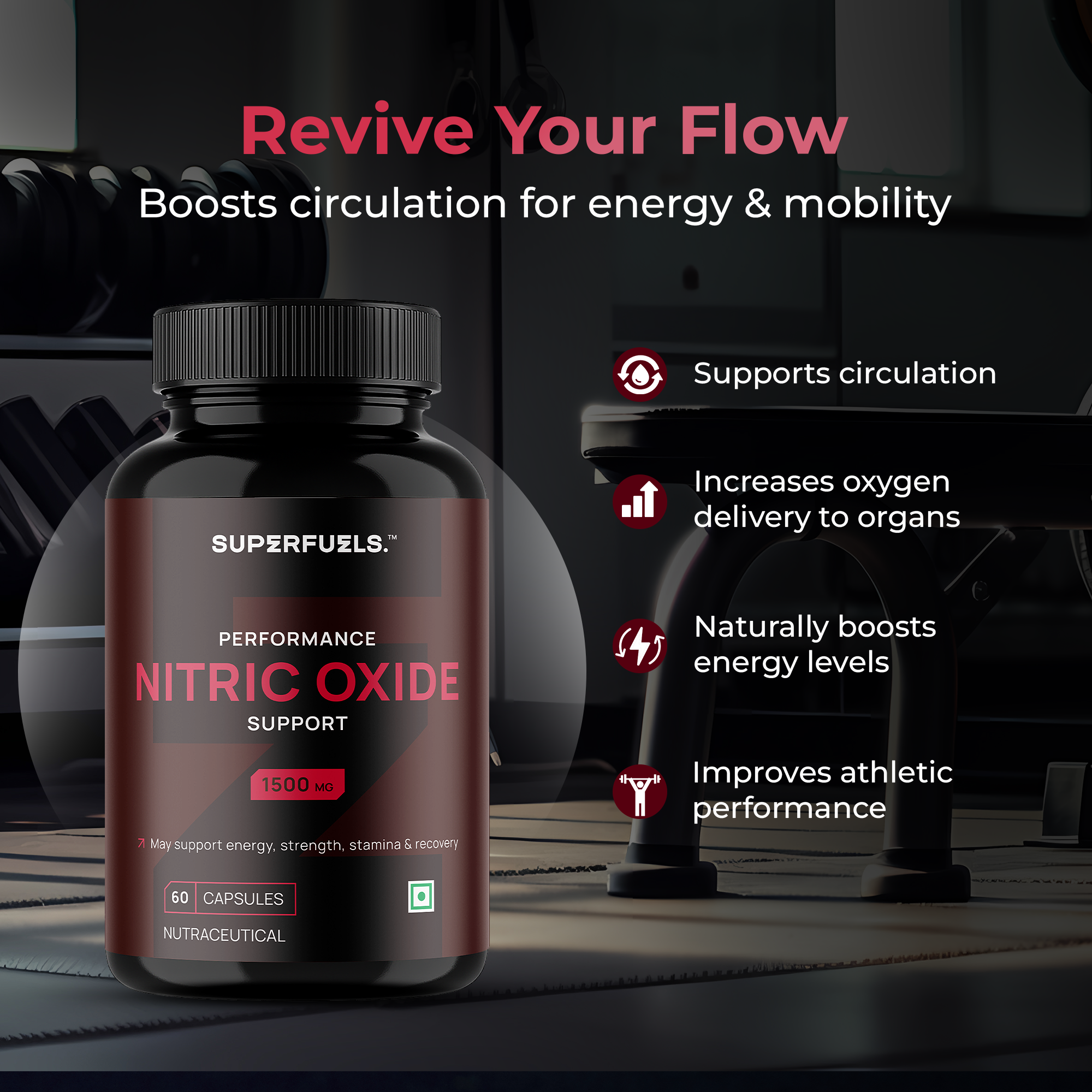 Nitric Oxide Support Capsules| Muscle Pump, Blood Flow & Workout Performance Support | L-Arginine & L-Citrulline Formula | Pre-Workout Endurance Booster | Pack of 1 - 60 Capsules